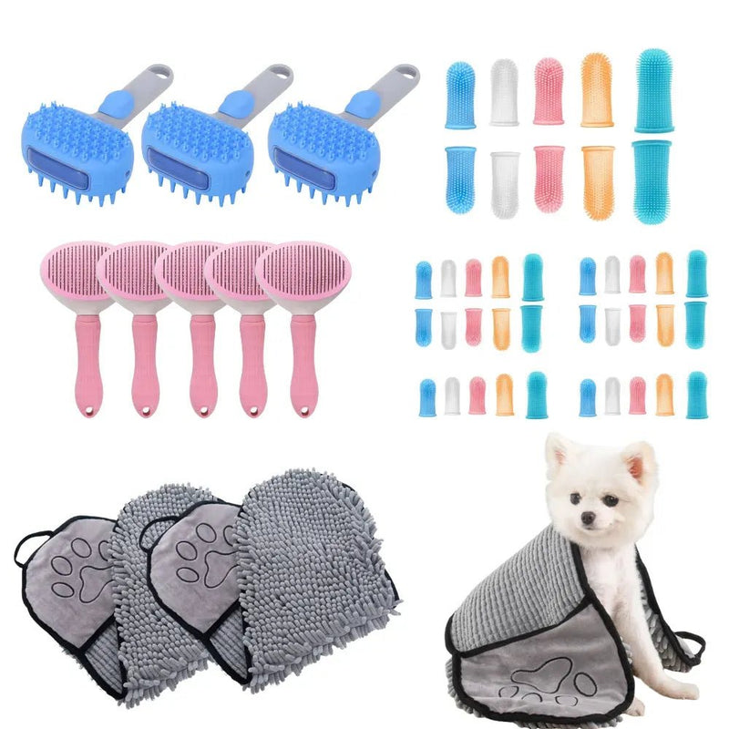 14 Pcs SPA Pet Grooming Kit with Massage Brushes Quick Dry Towels and Finger Brushes - GreenFur