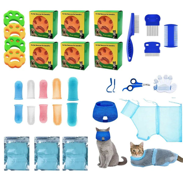 28 Pcs Deep Cleaning Cat Grooming Kit with Flea Combs Sticky Rollers and Gloves - GreenFur