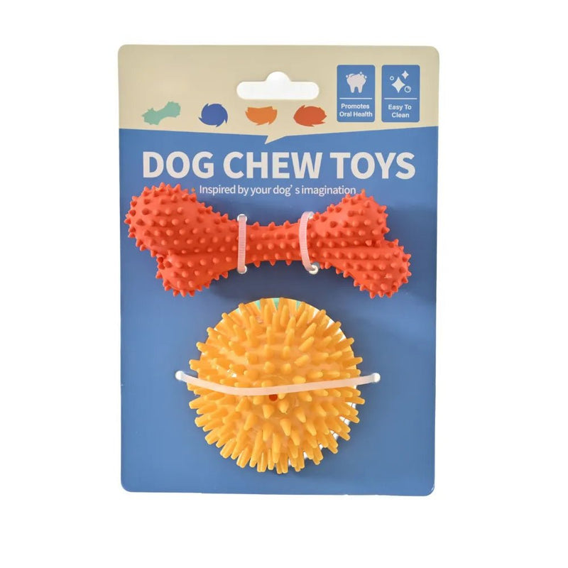 2PCS Dog Bone and Ball Rubber TPR Chewing Toy Bundle Play Gift Set - GreenFur