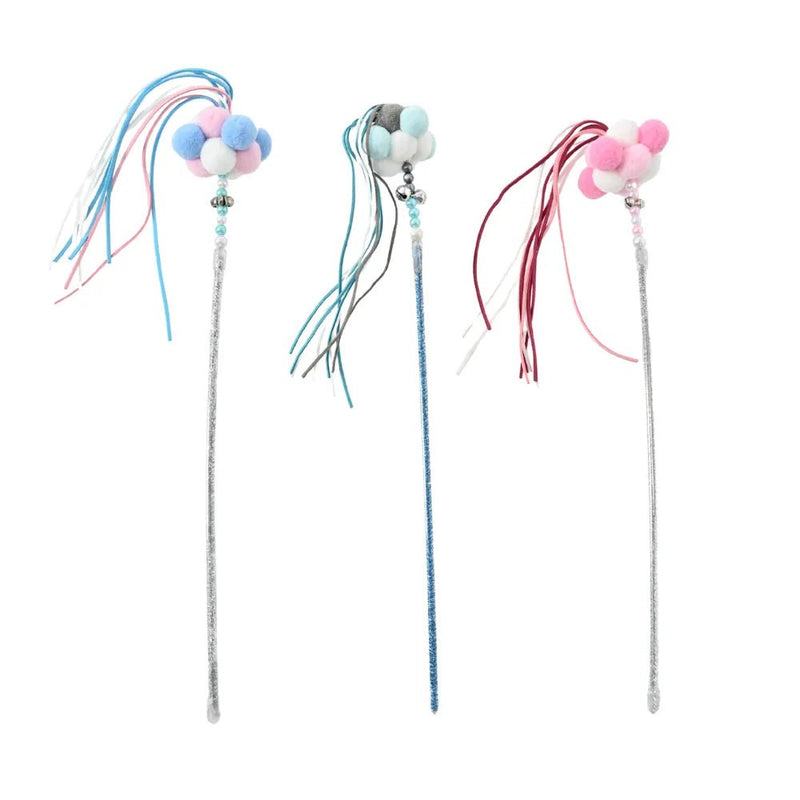 3 - Color Assorted Pom - pom Cat Teaser Wand with Ribbons and Bells - GreenFur