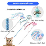 3 - Color Assorted Pom - pom Cat Teaser Wand with Ribbons and Bells - GreenFur