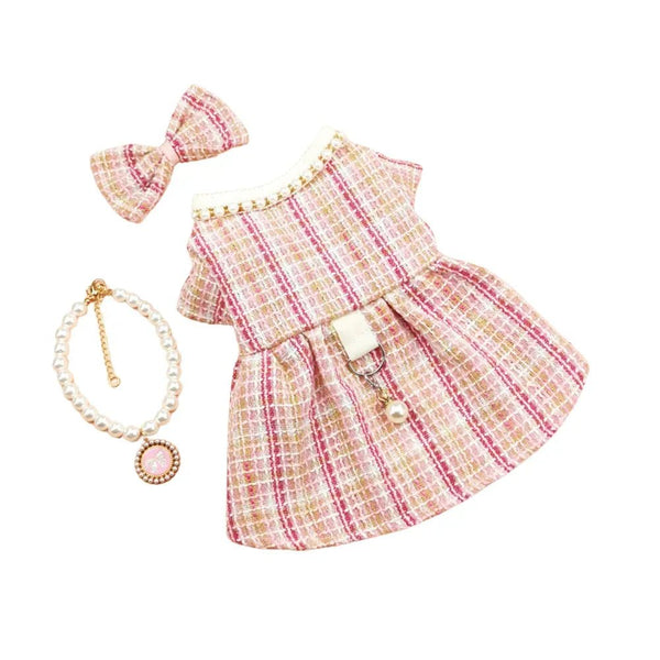 3 Pack Chanel - style Knitted Coat Set for Cats and Dogs (Bow Headband, Faux Pearl Necklace, Coat) - GreenFur