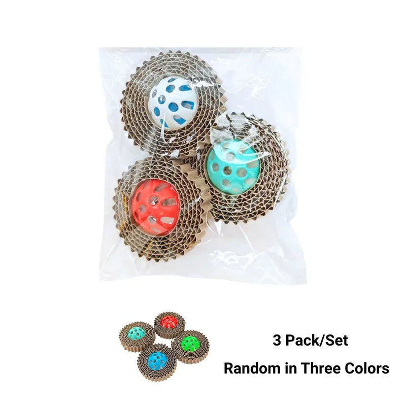 3 Pack Corrugated Paper Cat Toy Ball Set with Bell - GreenFur