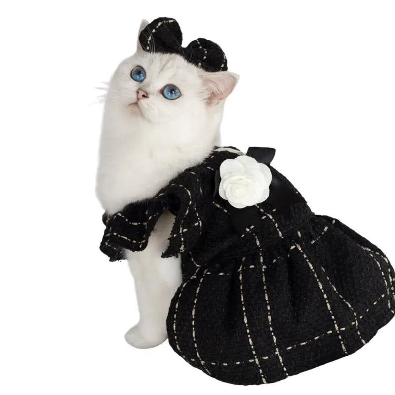 3 PCS Set Cat Plaid Dress With 3D Floral Decor - GreenFur