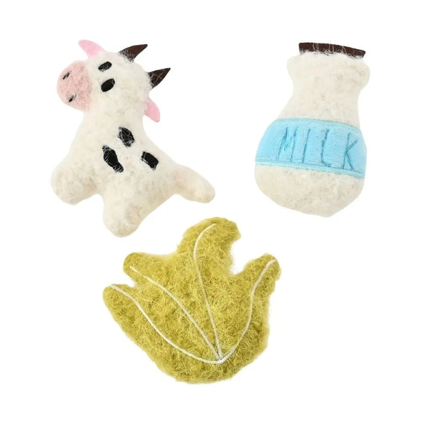 3 Pcs Set Farm Cow and Milk Design Wool - Like Fabric Cat Felt Toy - GreenFur