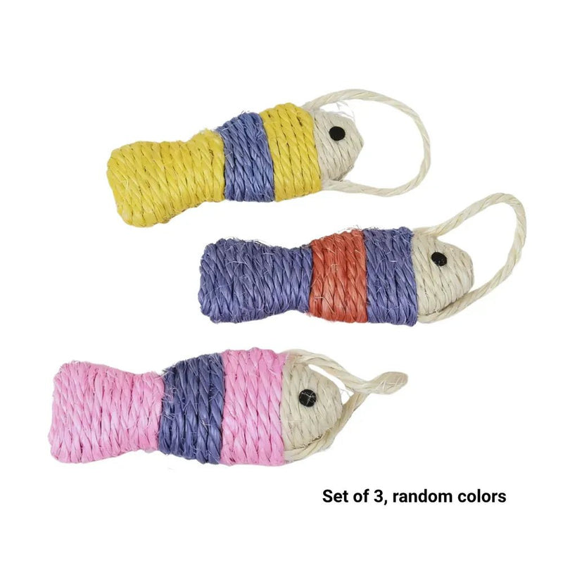 3 Pcs Sisal Fish Cat Toy with Hanging Rope for Chewing and Interactive Play - GreenFur