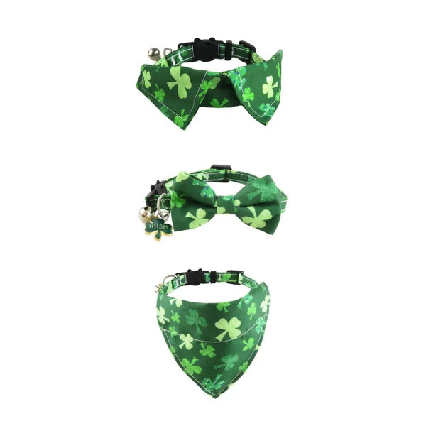 3 PCS St Patrick Day Clover Pet Collar Bow Tie Bandana Three Piece Set with Bell - GreenFur
