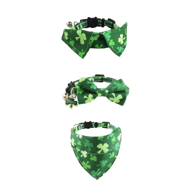 3 PCS St Patrick Day Clover Pet Collar Bow Tie Bandana Three Piece Set with Bell - GreenFur