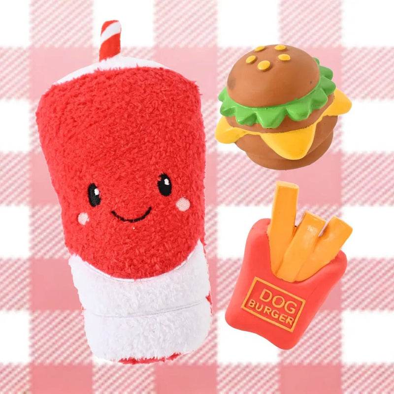3 - Piece Set Squeaky Plush Cola and Latex Burger Fries Dog Toy Set - GreenFur