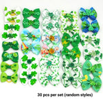 30 Pcs Set St Patrick Clover Pet Bow Hair Tie Green Decorative Collar Bow for Dogs and Cats - GreenFur