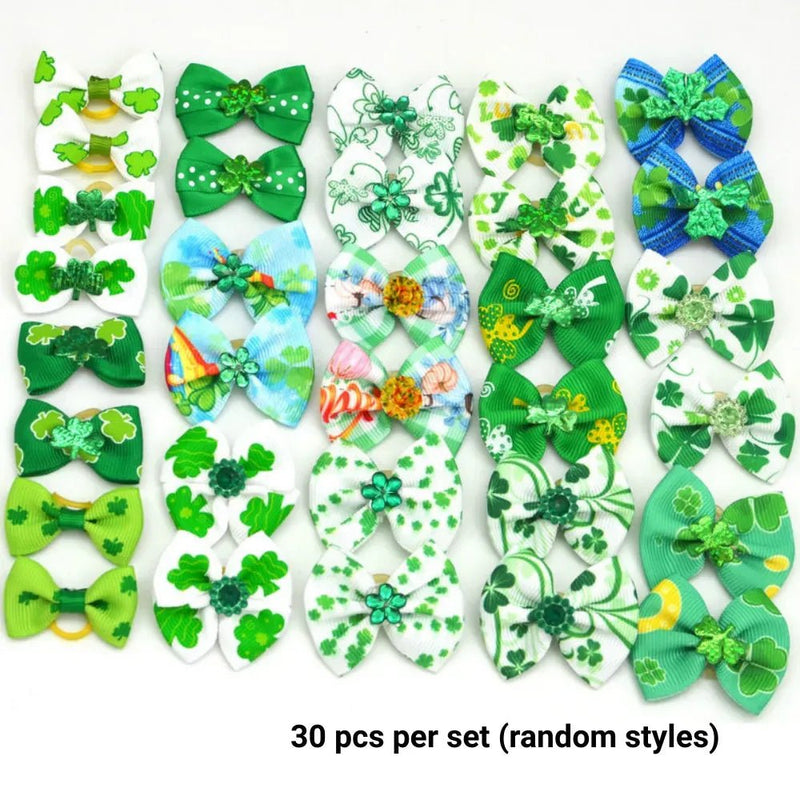 30 Pcs Set St Patrick Clover Pet Bow Hair Tie Green Decorative Collar Bow for Dogs and Cats - GreenFur