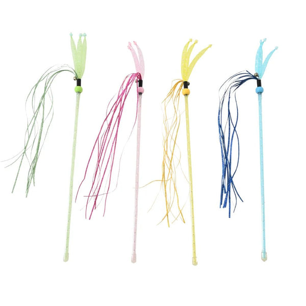 4 - Color Assorted Elastic Mesh Cat Teaser Wand with Tassel and Bell - GreenFur