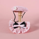 A Set Cat Knitted Bib and Beret Hat with Pearl Bow for Celebration - GreenFur