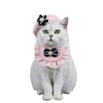 A Set Cat Knitted Bib and Beret Hat with Pearl Bow for Celebration - GreenFur
