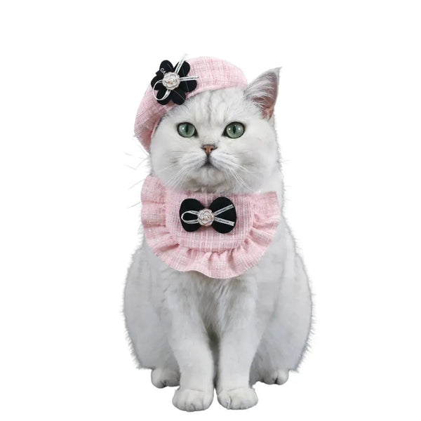 A Set Cat Knitted Bib and Beret Hat with Pearl Bow for Celebration - GreenFur