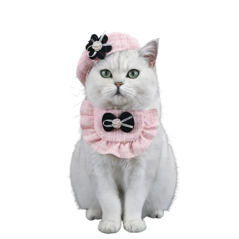 A Set Cat Knitted Bib and Beret Hat with Pearl Bow for Celebration - GreenFur