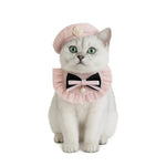 A Set Cat Knitted Bib and Beret Hat with Pearl Bow for Celebration - GreenFur