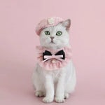 A Set Cat Knitted Bib and Beret Hat with Pearl Bow for Celebration - GreenFur