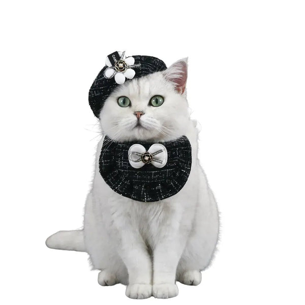 A Set Cat Knitted Bib Beret Hat with 3D Floral Bowknot Design - GreenFur