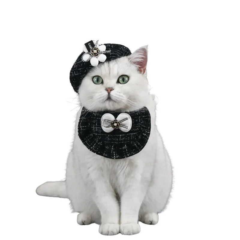 A Set Cat Knitted Bib Beret Hat with 3D Floral Bowknot Design - GreenFur