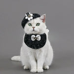 A Set Cat Knitted Bib Beret Hat with 3D Floral Bowknot Design - GreenFur