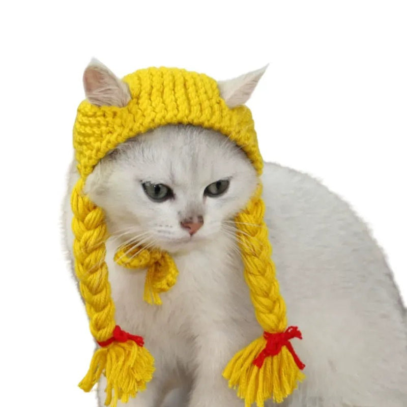 Adjustable Handmade Braided Wig Hat for Cats - GreenFur