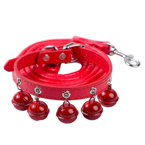 Adjustable PU Leather Pet Collar and Leash Set with 5 Bells - GreenFur