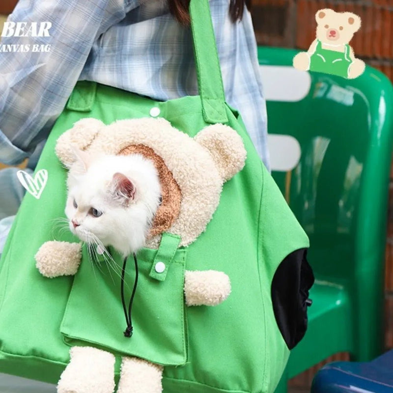 Bear - Patterned Portable Outdoor Cat Handbag - GreenFur