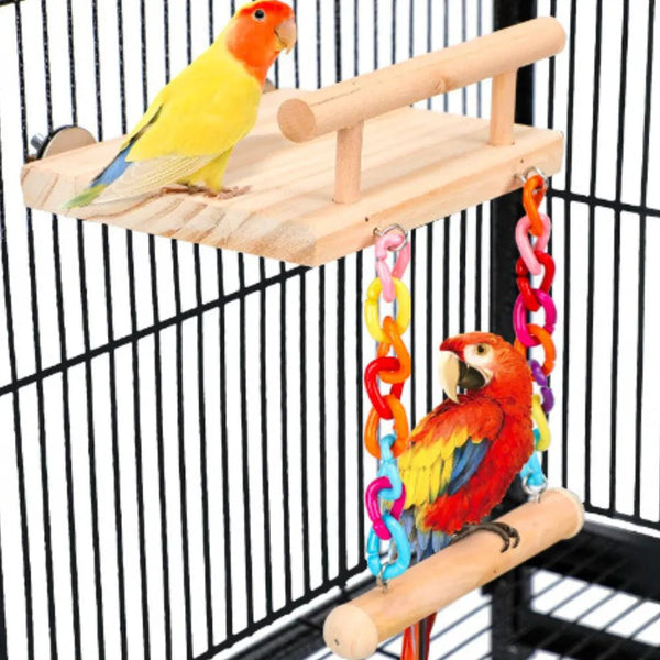 Bird Perches Cage Toy Wooden Platform with Colorful Swing - GreenFur