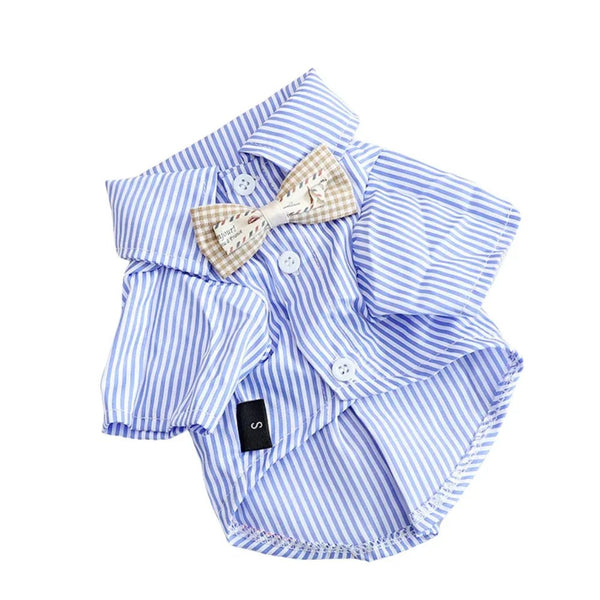 Blue Striped Pet T Shirt with Bow Tie Collar - GreenFur