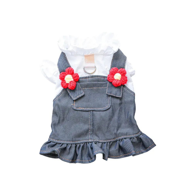 Breathable Little Red Flower Denim Dog Dress - GreenFur