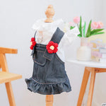 Breathable Little Red Flower Denim Dog Dress - GreenFur