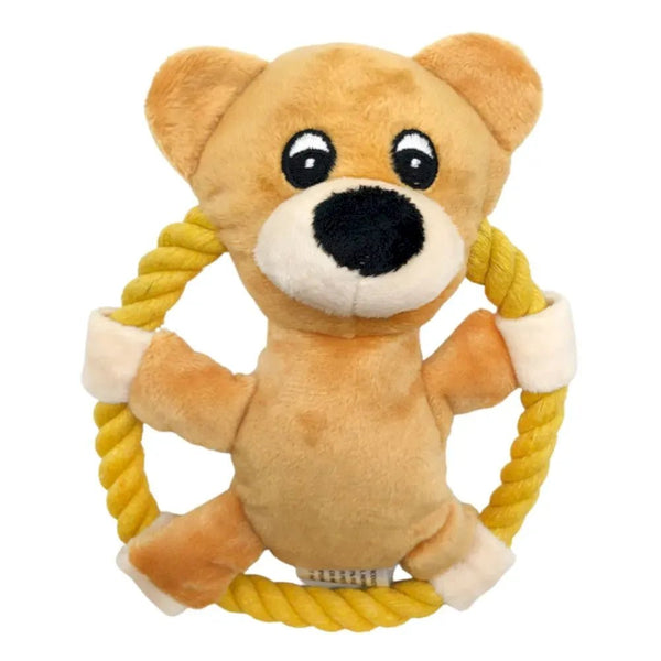 Brown Bear Stuffed Dog Toy Squeaky Rope Knot Frisbee - GreenFur