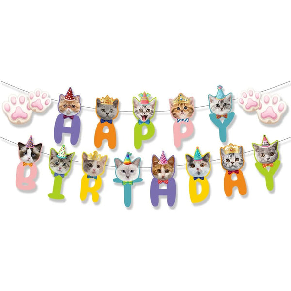 Cat Face and Paw Print Cat Theme Happy Birthday Banner - GreenFur