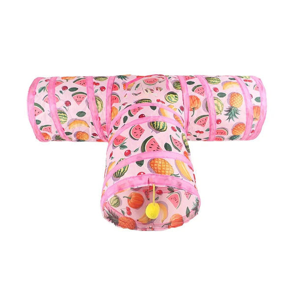 Cat Tunnel Toy Foldable Summer Fruit Three Way Play Tube - GreenFur