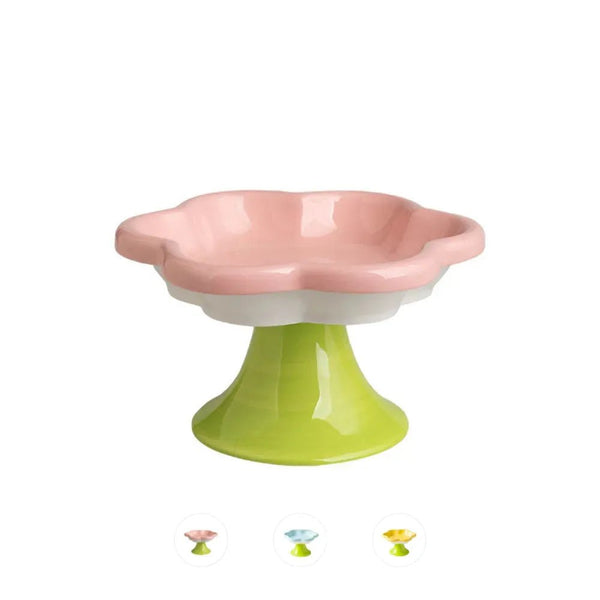 Ceramic Flower Cat Bowl Food Water Dish Neck Protection Pet Feeding - GreenFur