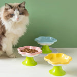 Ceramic Flower Cat Bowl Food Water Dish Neck Protection Pet Feeding - GreenFur