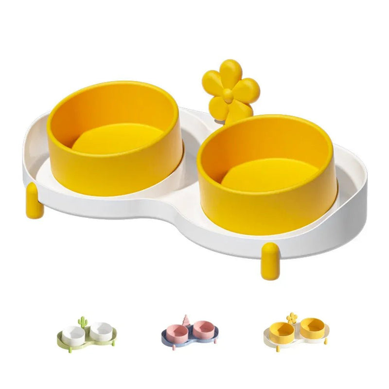 Ceramic Tilted Double Pet Bowl Anti Spill Elevated Cat Dog Feeding Dish - GreenFur