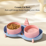 Ceramic Tilted Double Pet Bowl Anti Spill Elevated Cat Dog Feeding Dish - GreenFur