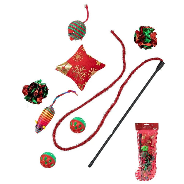 Christmas Cat Toy Set Festive Cat Teaser Wand Interactive Play - GreenFur
