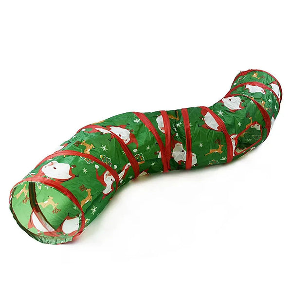 Christmas Cat Tunnel Toy with Santa and Tree Pattern for Play and Hiding - GreenFur