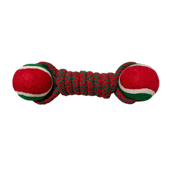 Christmas Cotton Rope Dog Toy Dumbbell with Tennis Ball - GreenFur