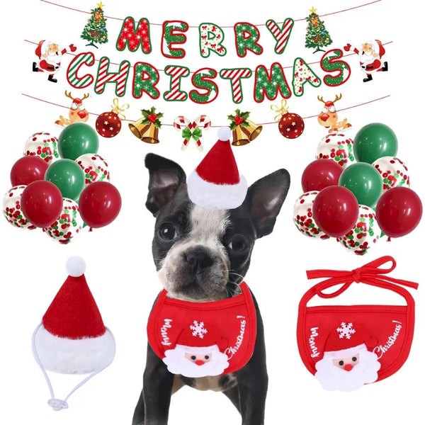 Christmas Pet Party Decoration Set with Hat Bib Banner and Balloons - GreenFur