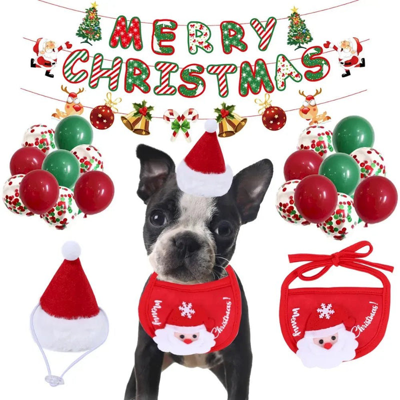 Christmas Pet Party Decoration Set with Hat Bib Banner and Balloons - GreenFur