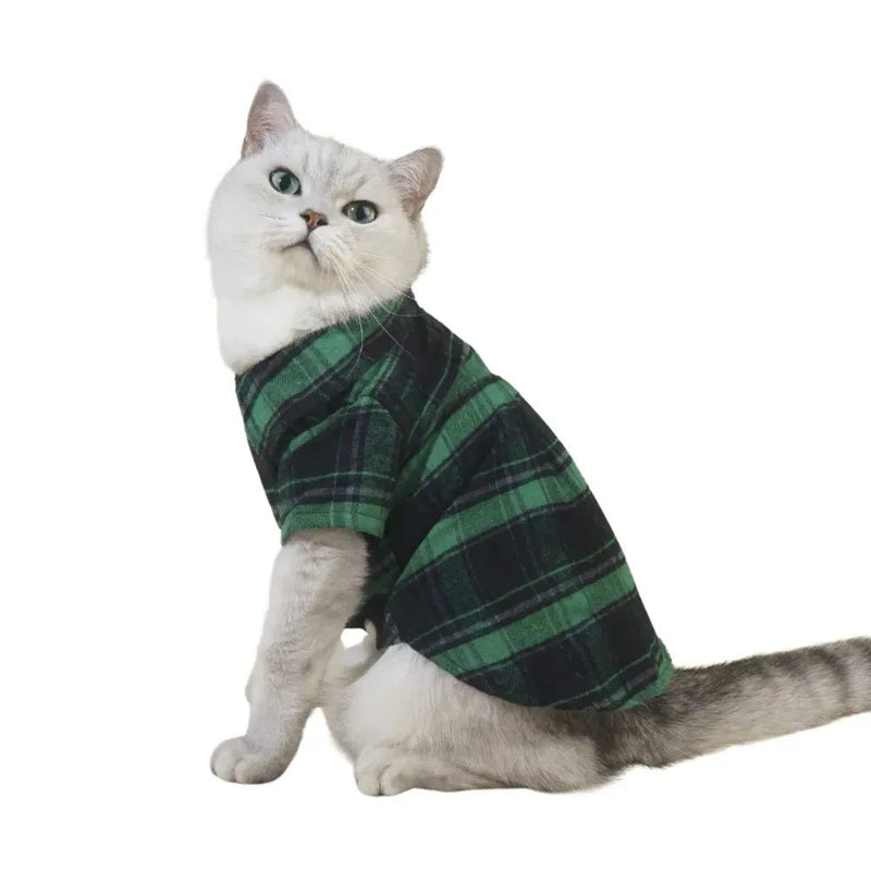Classic Soft Plaid Clothes Cat Shirt T-Shirt - GreenFur