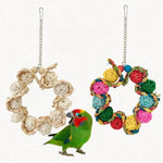 Colorful Rattan Ball and Corn Husk Hanging Ring Bird Toy - GreenFur