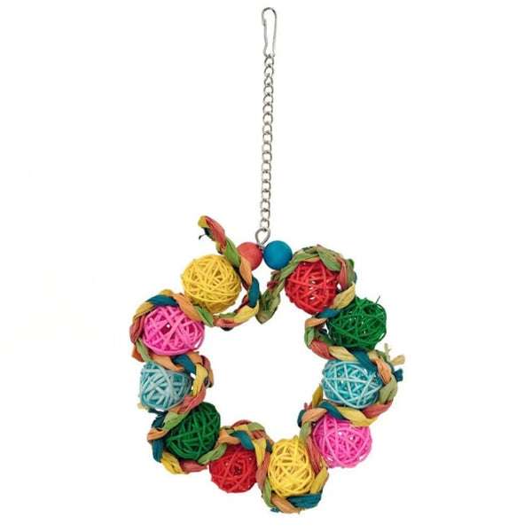 Colorful Rattan Ball and Corn Husk Hanging Ring Bird Toy - GreenFur