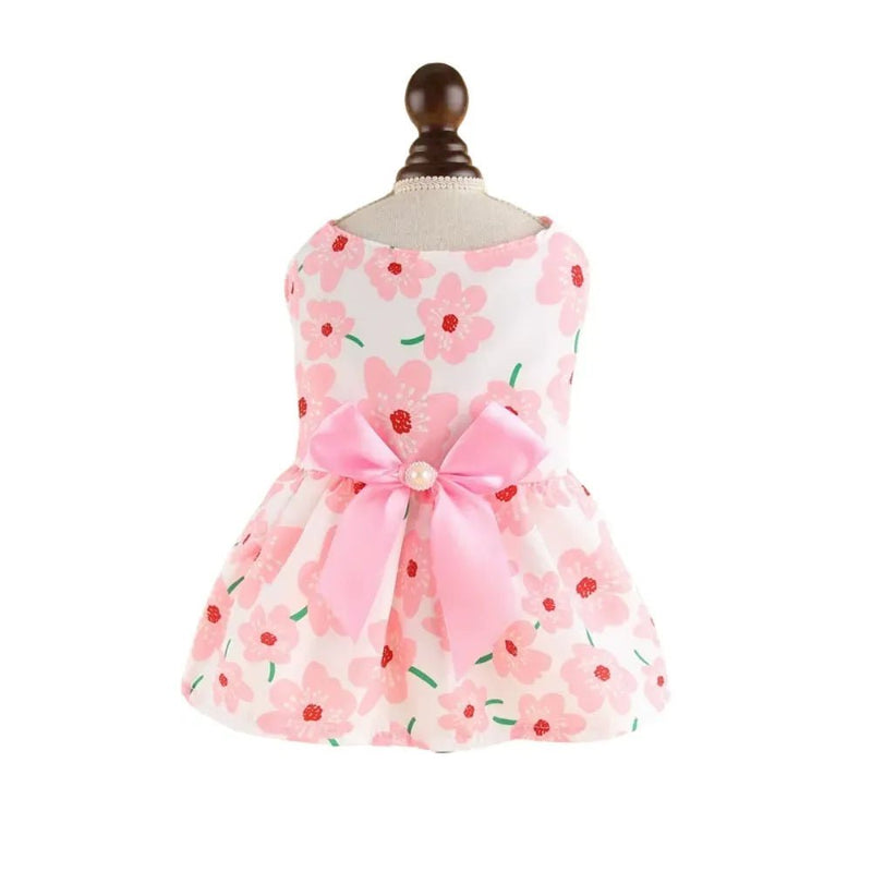 Cute Flower Pattern Pink Pet Apparel Dress with Bow - GreenFur