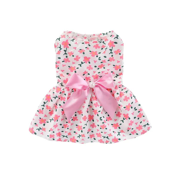 Cute Pink Floral Pet Apparel Dress with Bow - GreenFur