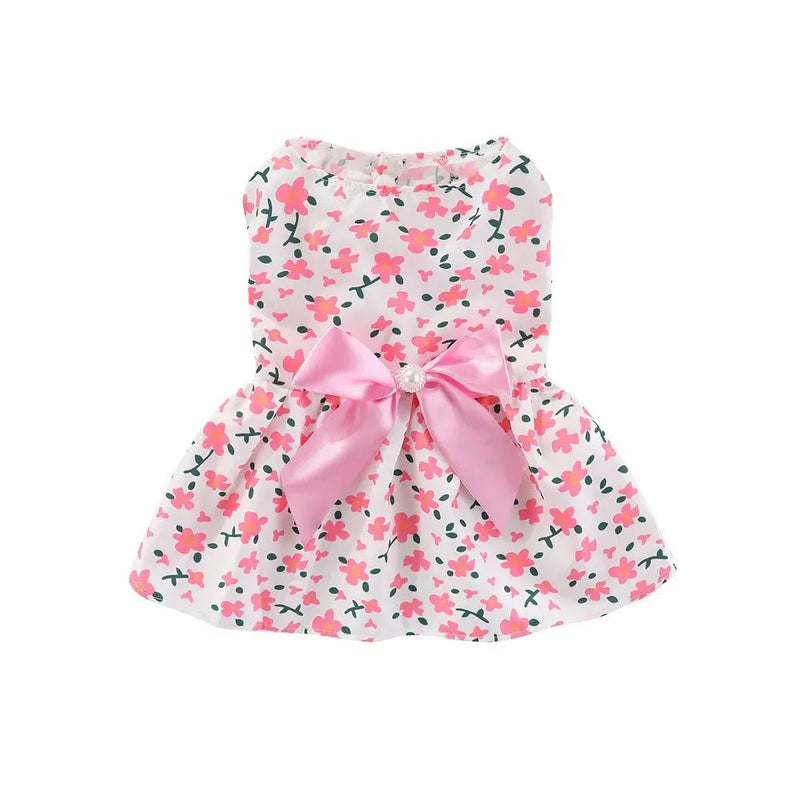 Cute Pink Floral Pet Apparel Dress with Bow - GreenFur
